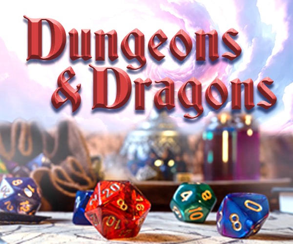 Dungeons & Dragons and game pieces with a surreal background.