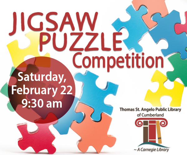 Jigsaw puzzle competition, Feruary 22 at 9:30, and puzzle pieces.