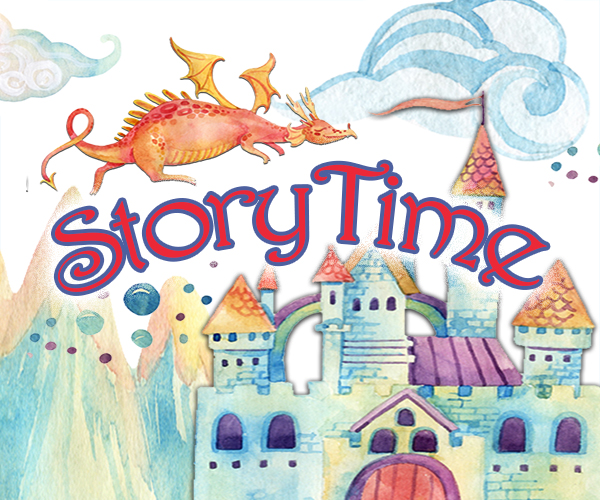 Dragon flying over a castle and the heading, Storytime.