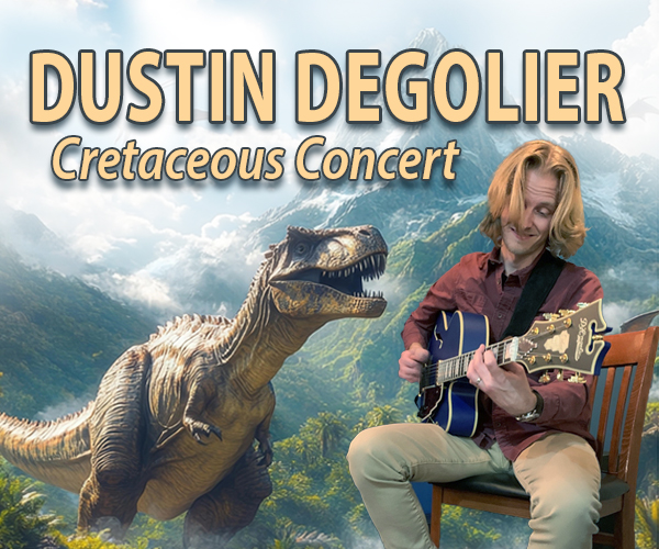 Dustin DeGolier playing guitar in a jungle with a T. rex listening.
