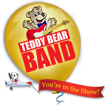 Balloon with a bear and a sign for Teddy Bear Band.