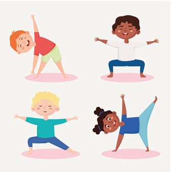 cartoon children doing yoga.