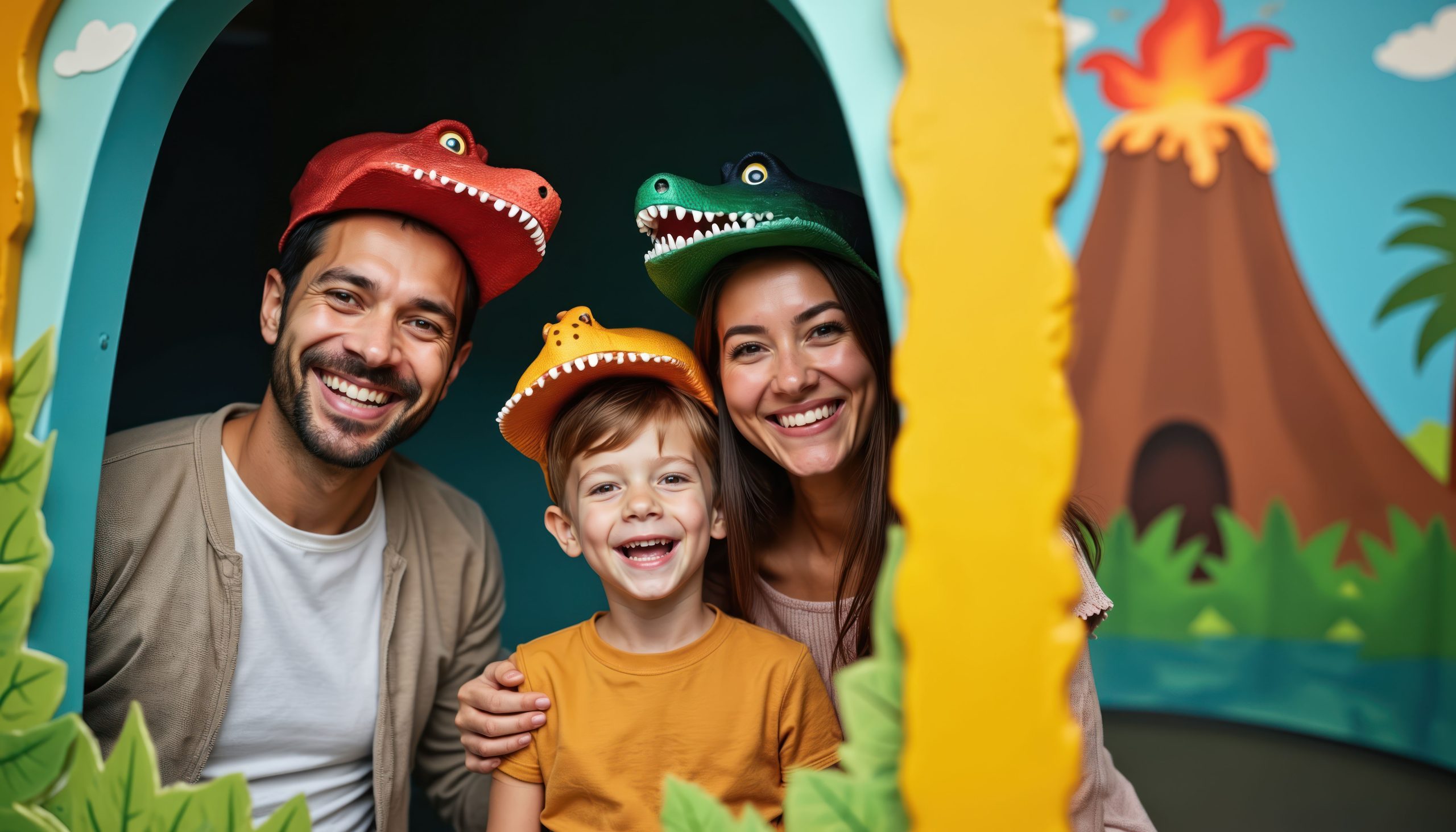 Family wearing hats in a photo booth.